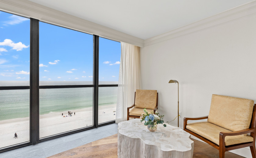 Destin, hotel room seating area near a window facing the Gulf Coast
