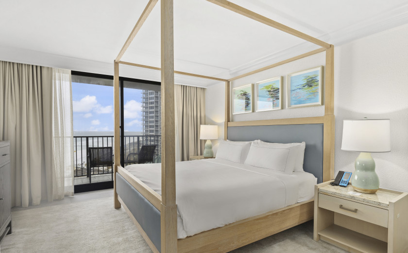 Canopy bed in suite at Hilton's beachfront resort in Destin