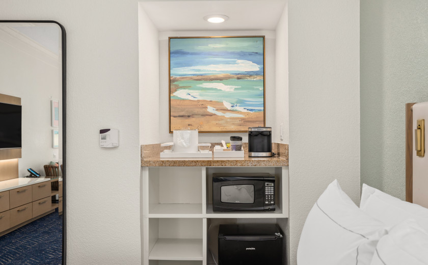microwave and a coffee maker in a hotel room